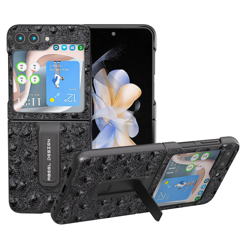 ABEEL For Samsung Galaxy Z Flip5 5G Kickstand Phone Case Genuine Cow Leather PC Ostrich Texture Protective Cover ABEEL For Samsung Galaxy Z Flip5 5G Kickstand Phone Case Genuine Cow Leather PC Ostrich Texture Protective Cover